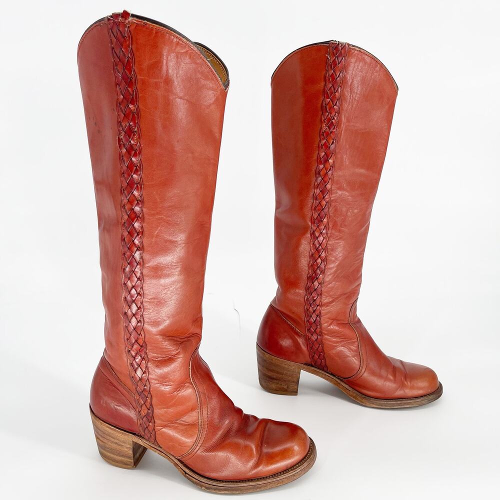 Frye Burnt Orange Leather Heeled Boots with Braided Accent